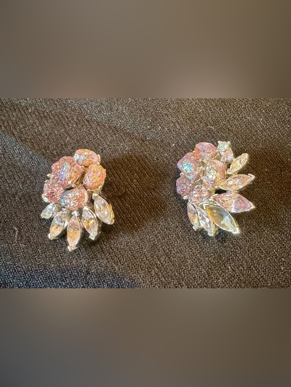 Vintage 1950’s Crystal Cluster Clip On Earrings - Pink Iridescent Floral Design